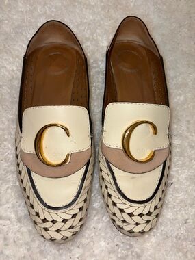 Chloe Cream and Tan Woven Leather Loafers with Gold C Accent